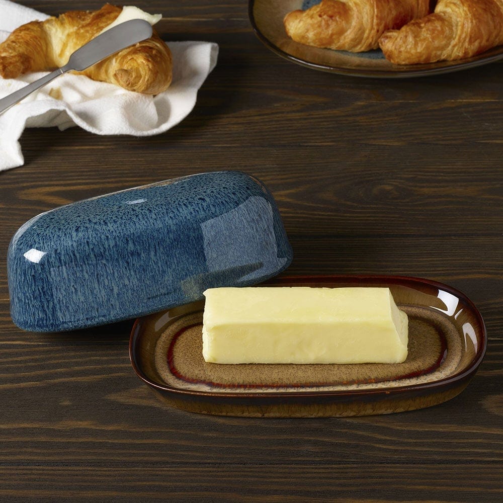 Close-up of Monroe blue covered butter dish showcasing its unique speckled glaze.