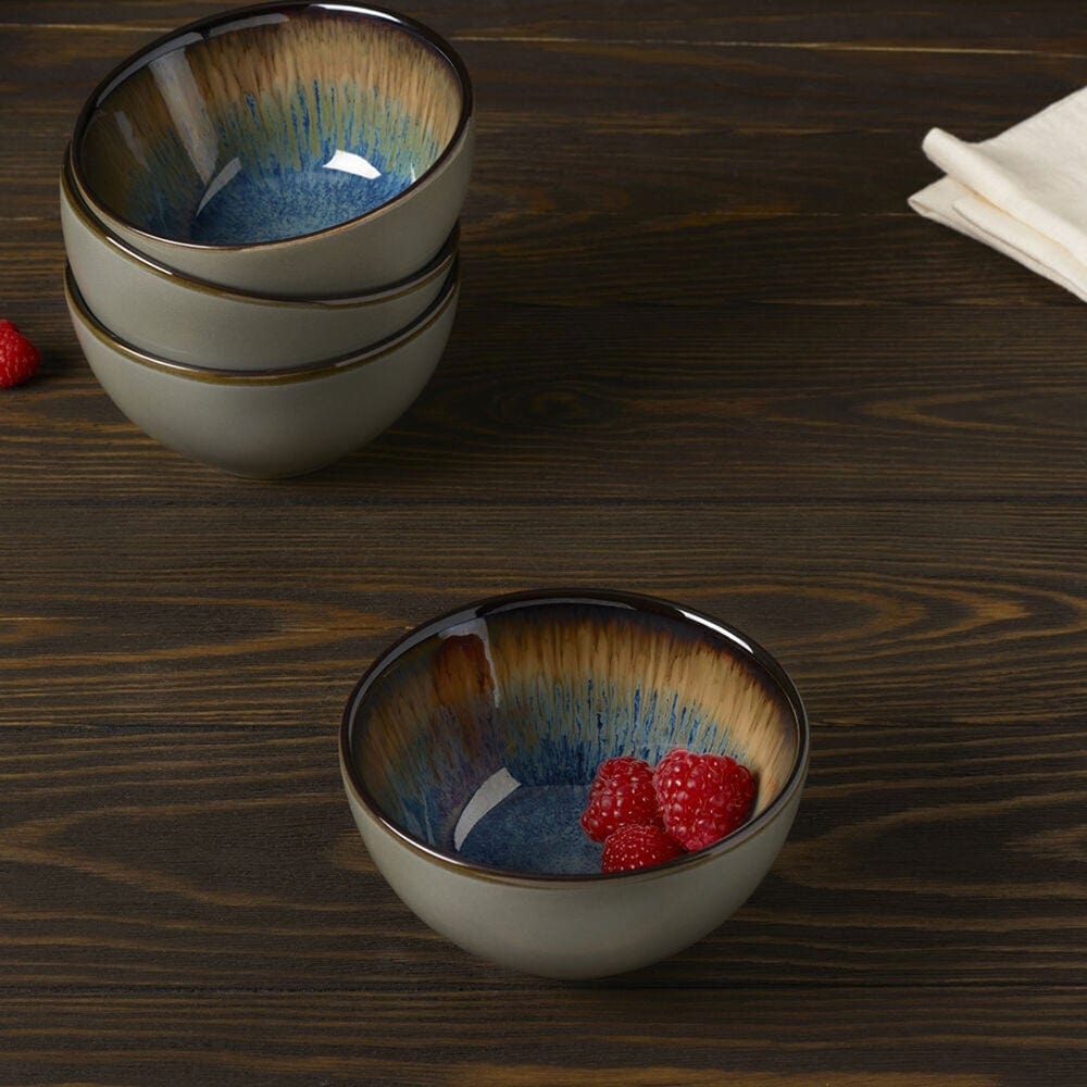 Monroe Blue fruit bowls set with speckled center and natural rim design.