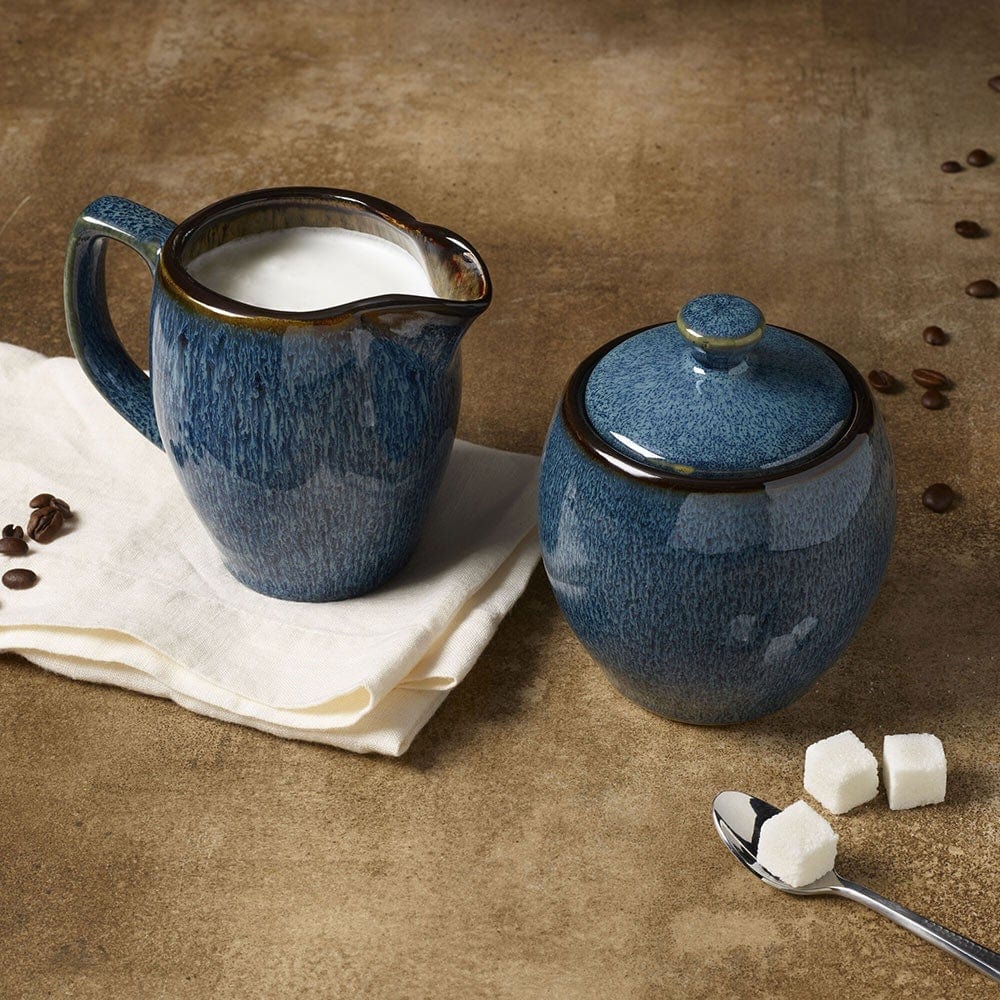 Monroe Blue Sugar Bowl and Creamer Set with speckled blue finish