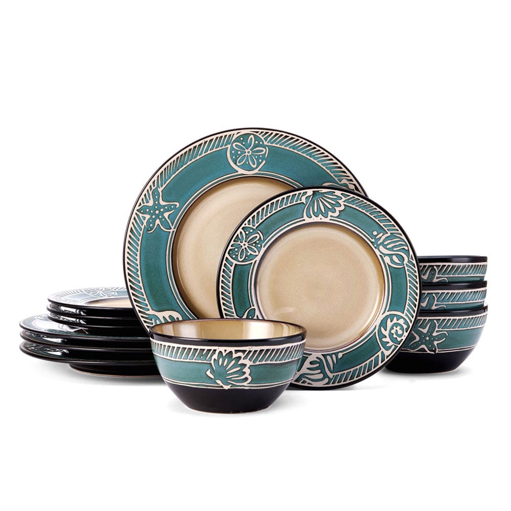 Dining table with Montego stoneware dinnerware set for four