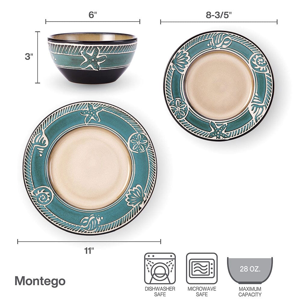 Dining table with Montego stoneware dinnerware set for four