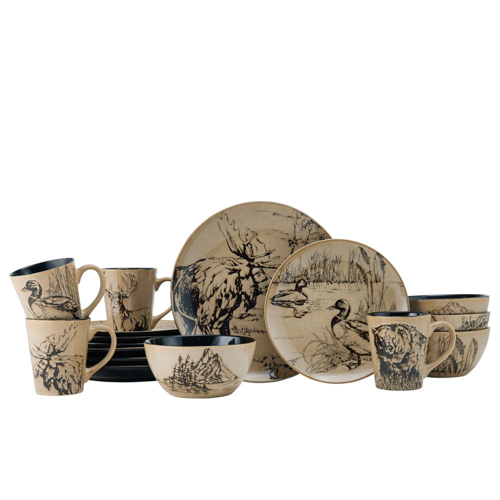 Close-up of stoneware dinnerware with unique reactive glaze, perfect for outdoor dining.