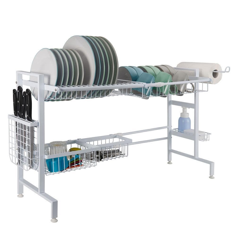 Close-up of the expandable dish rack showcasing removable wire baskets.