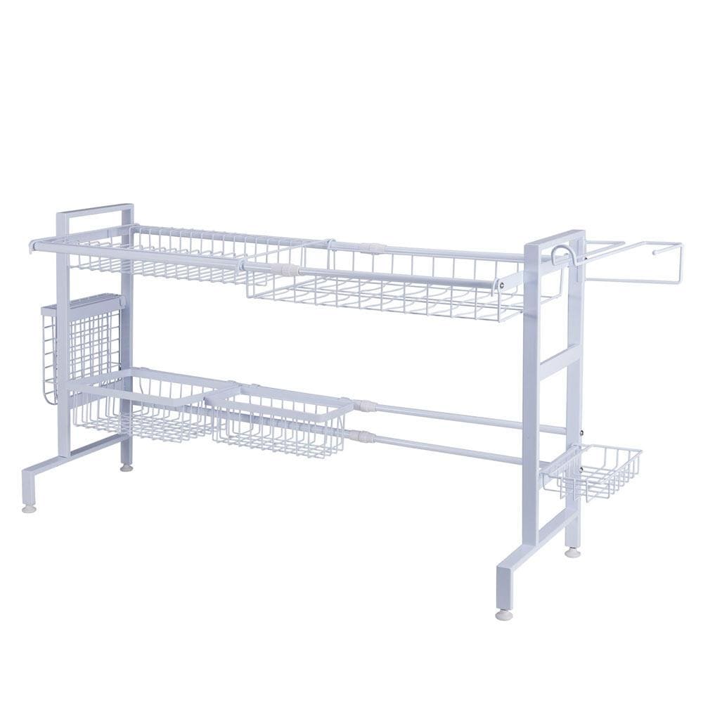 Over the sink rack in a modern kitchen setting with paper towel holder.