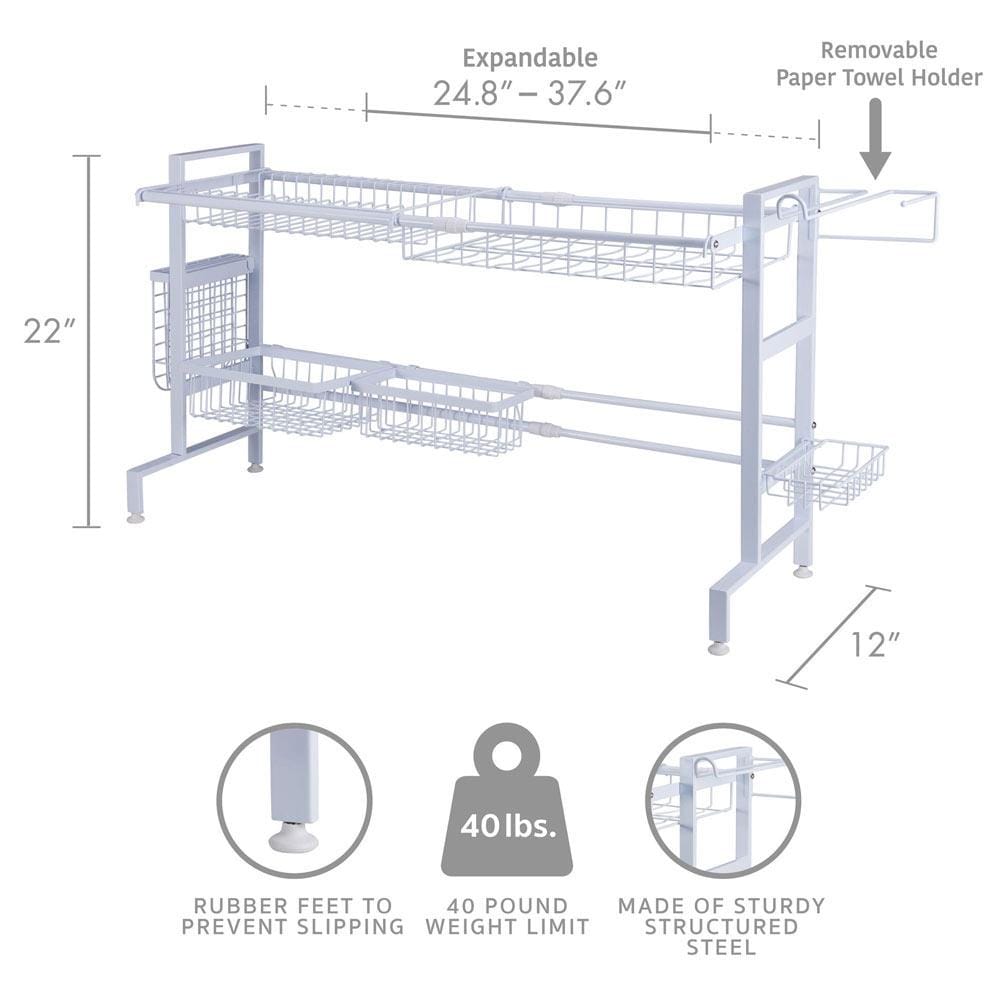 Over the sink dish drying rack with two tiers and hooks, ideal for drying dishes.