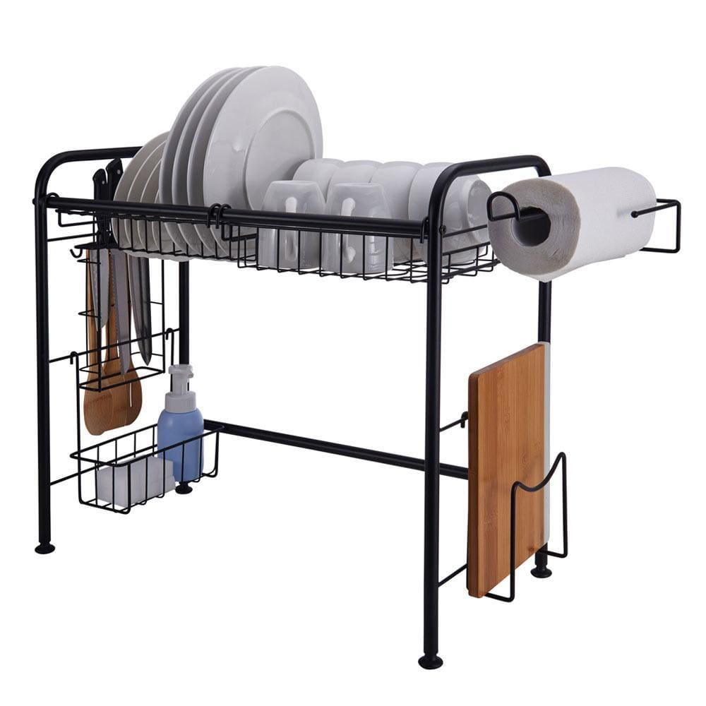Multi-tier kitchen sink organizer in use, drying dishes and storing cleaning supplies.