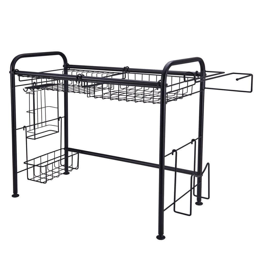 Over the sink dish drying rack showcasing its two-tier design and removable baskets.