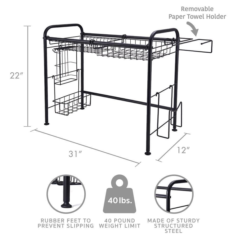 Over the sink dish drying rack showcasing its two-tier design and removable baskets.