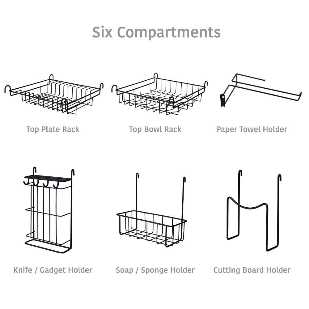 Close-up of the dish racks hooks and paper towel holder for added convenience.