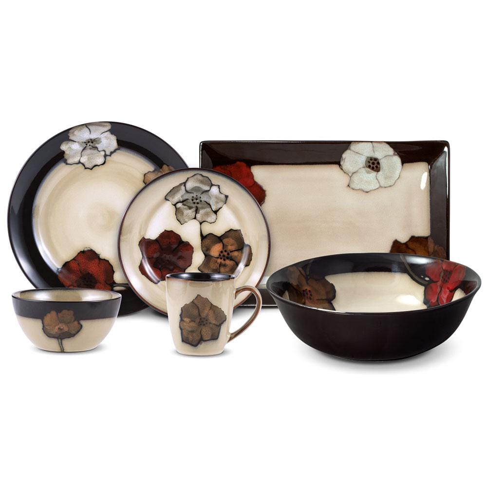 Close-up of serveware set with plates from the Painted Poppies collection, highlighting the vibrant poppy design and glaze texture.