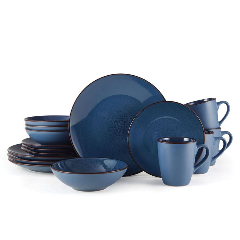 Set of four dinner plates, salad plates, soup bowls, and mugs in blue stoneware