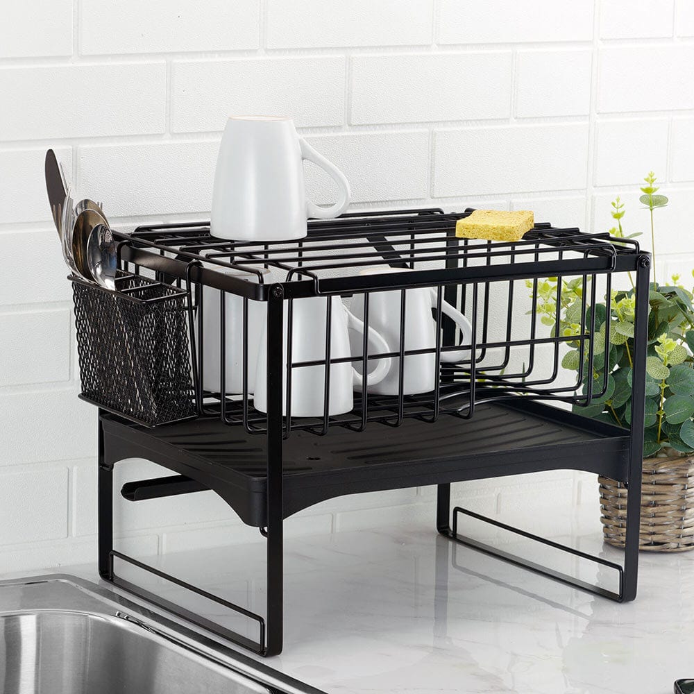 Pisa 2-Tier Dish Rack showcasing its two tiers and utensil holder from a side angle.