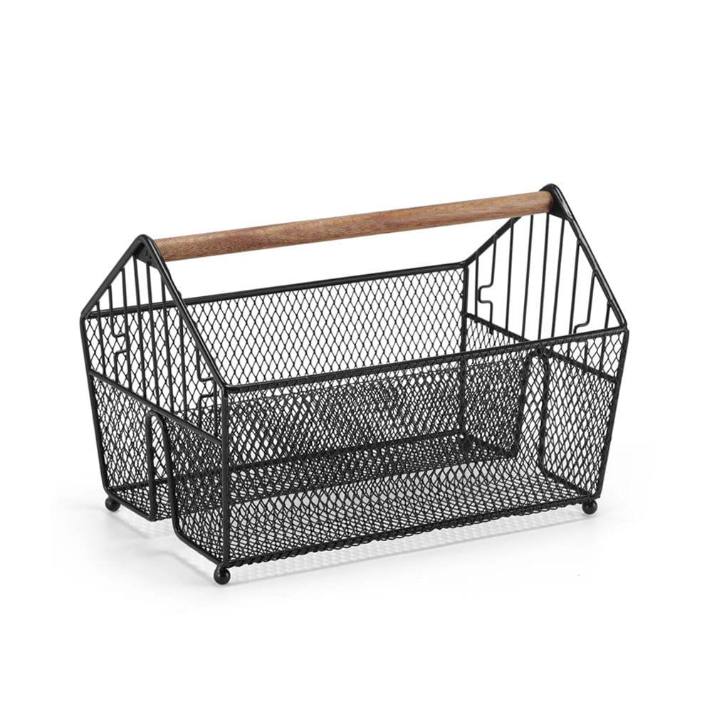 Stacked wire baskets in modern kitchen for organization