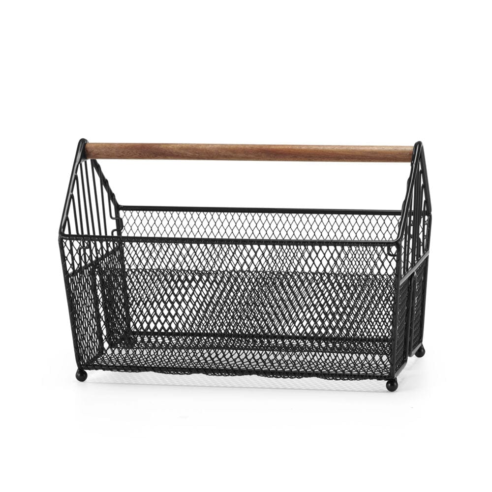 Black wire baskets with acacia wood handles in living room decor