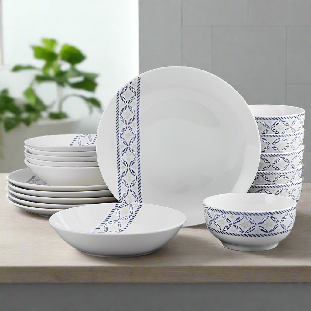 Set of porcelain plates with blue accents for six people, showcasing durability and style
