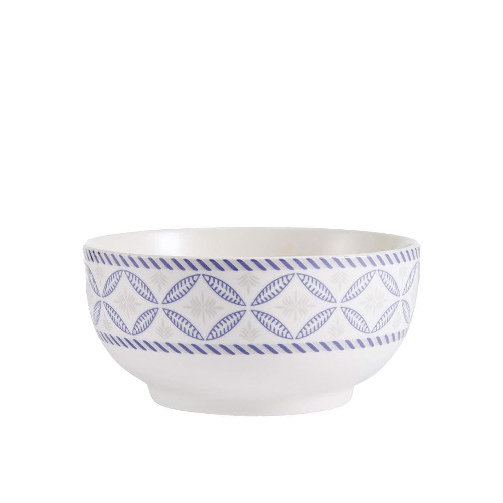 Set of porcelain plates with blue accents for six people, showcasing durability and style