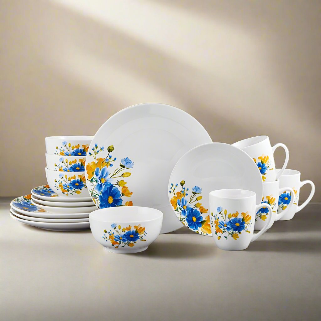Close-up of Spring Blossom dinner plate showcasing blue flower details.