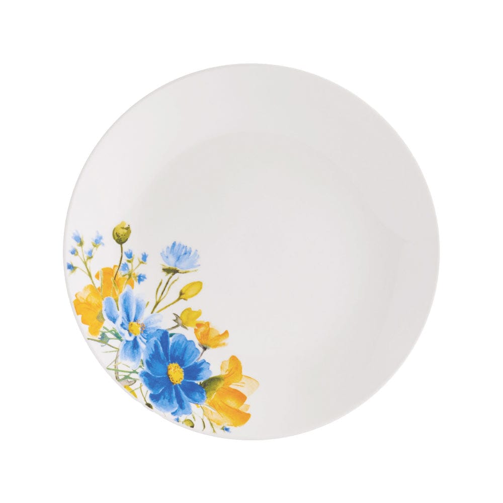 Close-up of Spring Blossom dinner plate showcasing blue flower details.