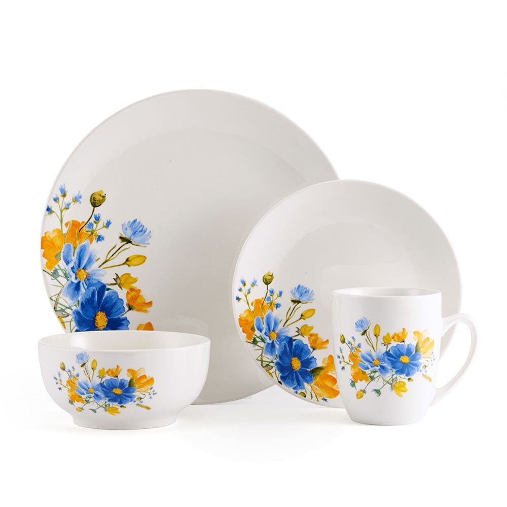 Close-up of Spring Blossom dinner plate showcasing blue flower details.