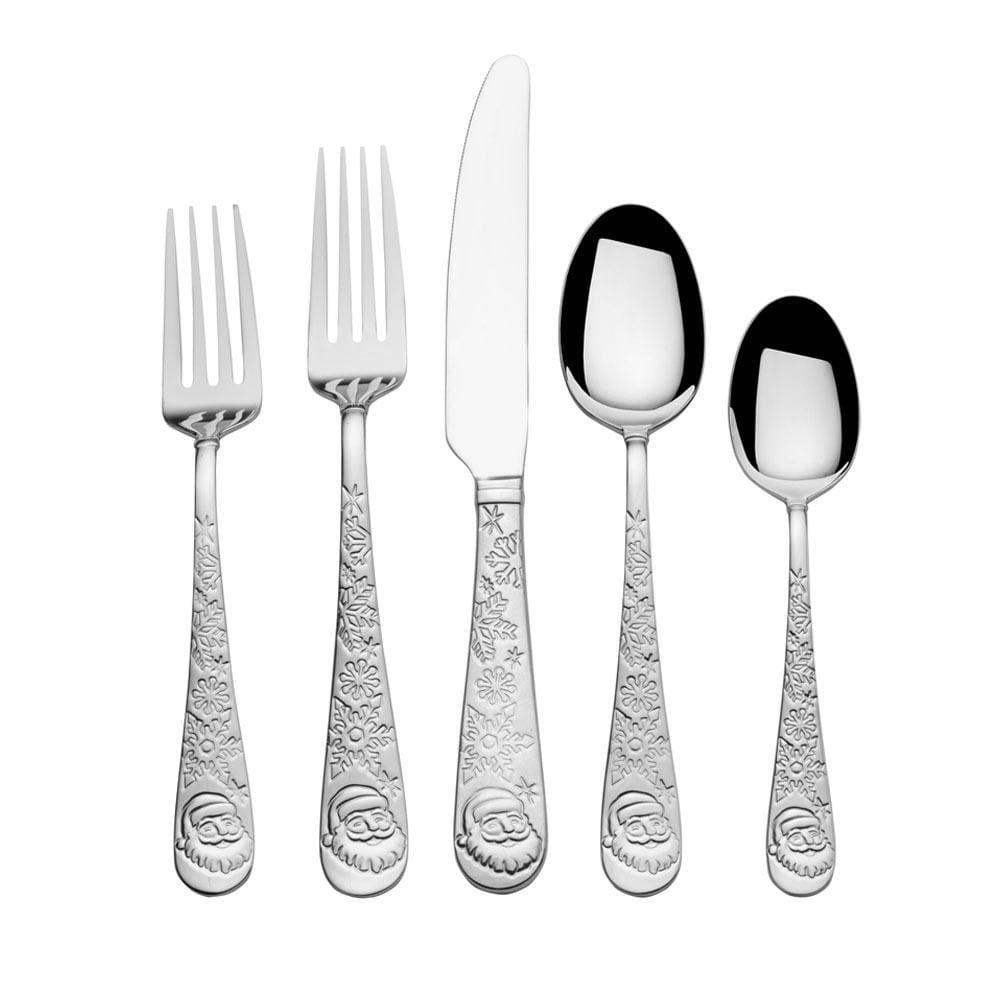 Close-up of Santa 20 piece flatware set for holiday dinners