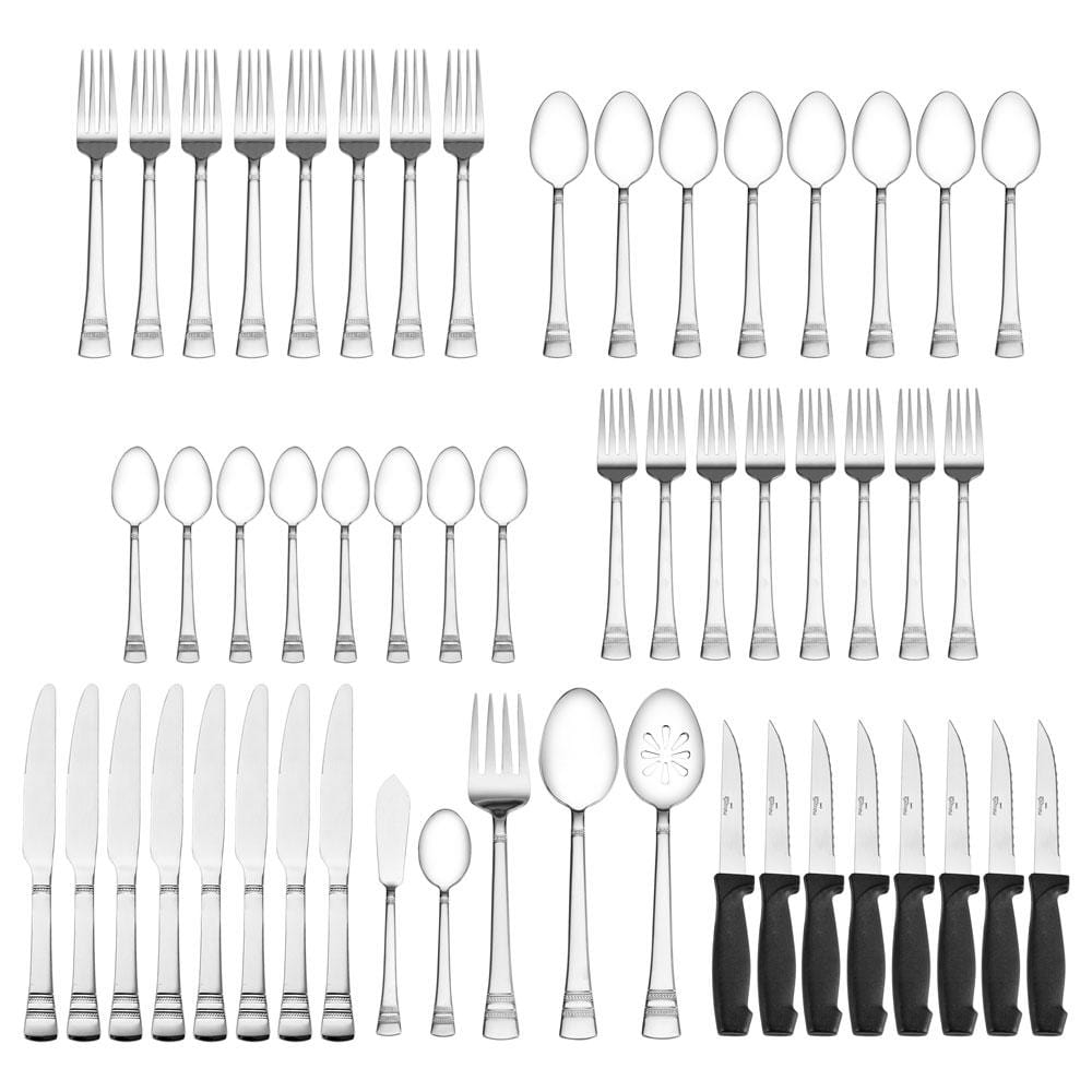 Close-up of stainless steel silverware with modern design handles, suitable for service for 8