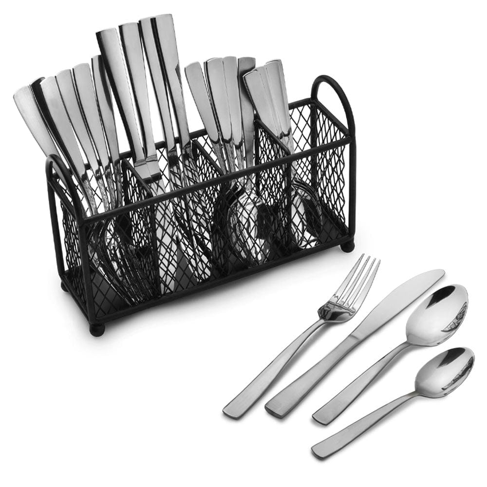 Angled view of satin matte flatware set arranged with dinner plate – features service for 6