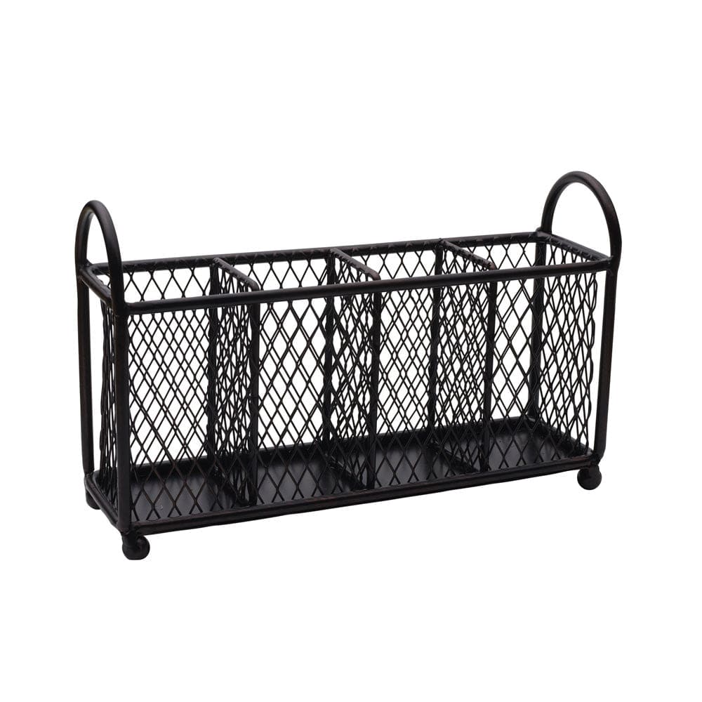 Wire caddy holding complete silverware set on kitchen counter – emphasizes affordable flatware set with caddy