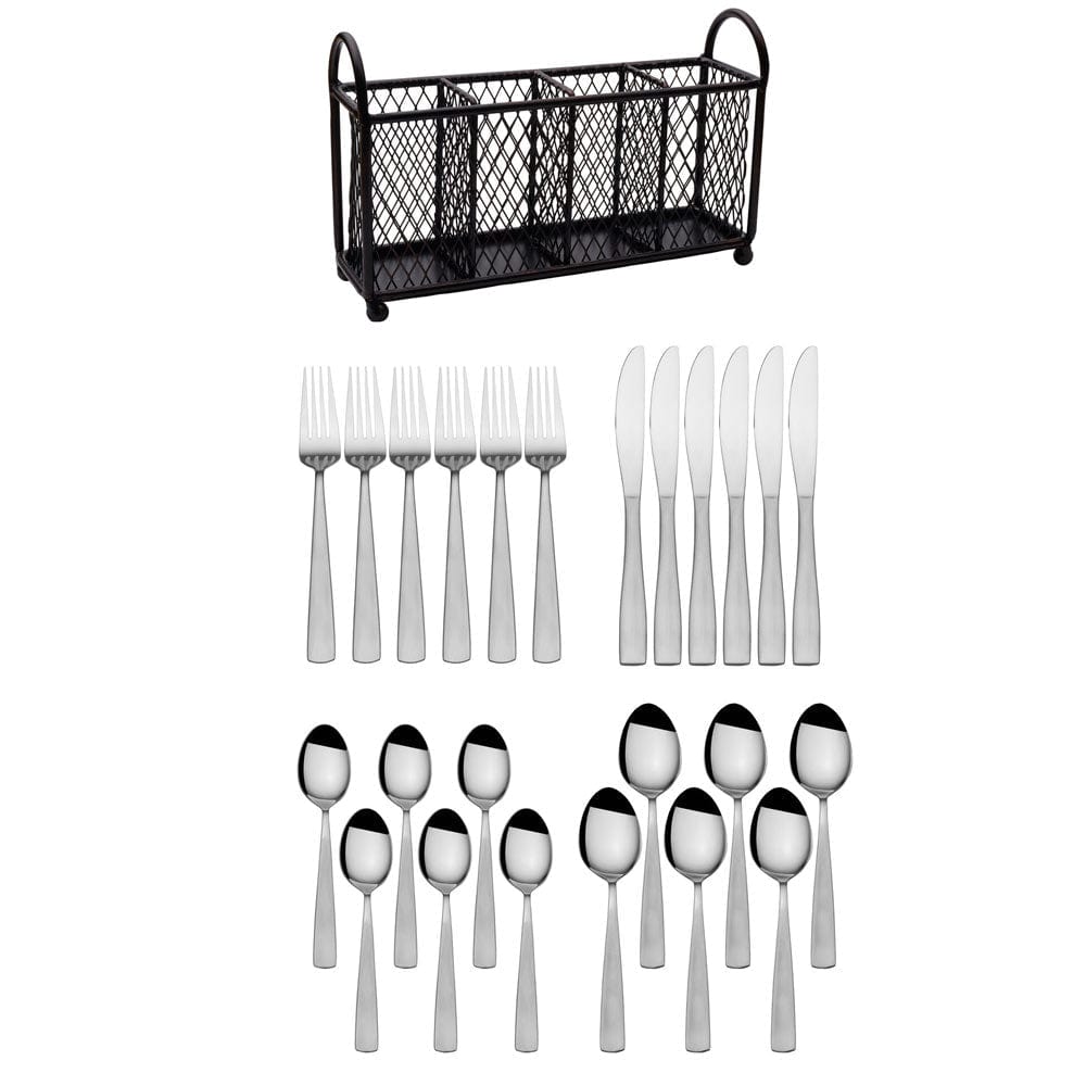Angled view of satin matte flatware set arranged with dinner plate – features service for 6