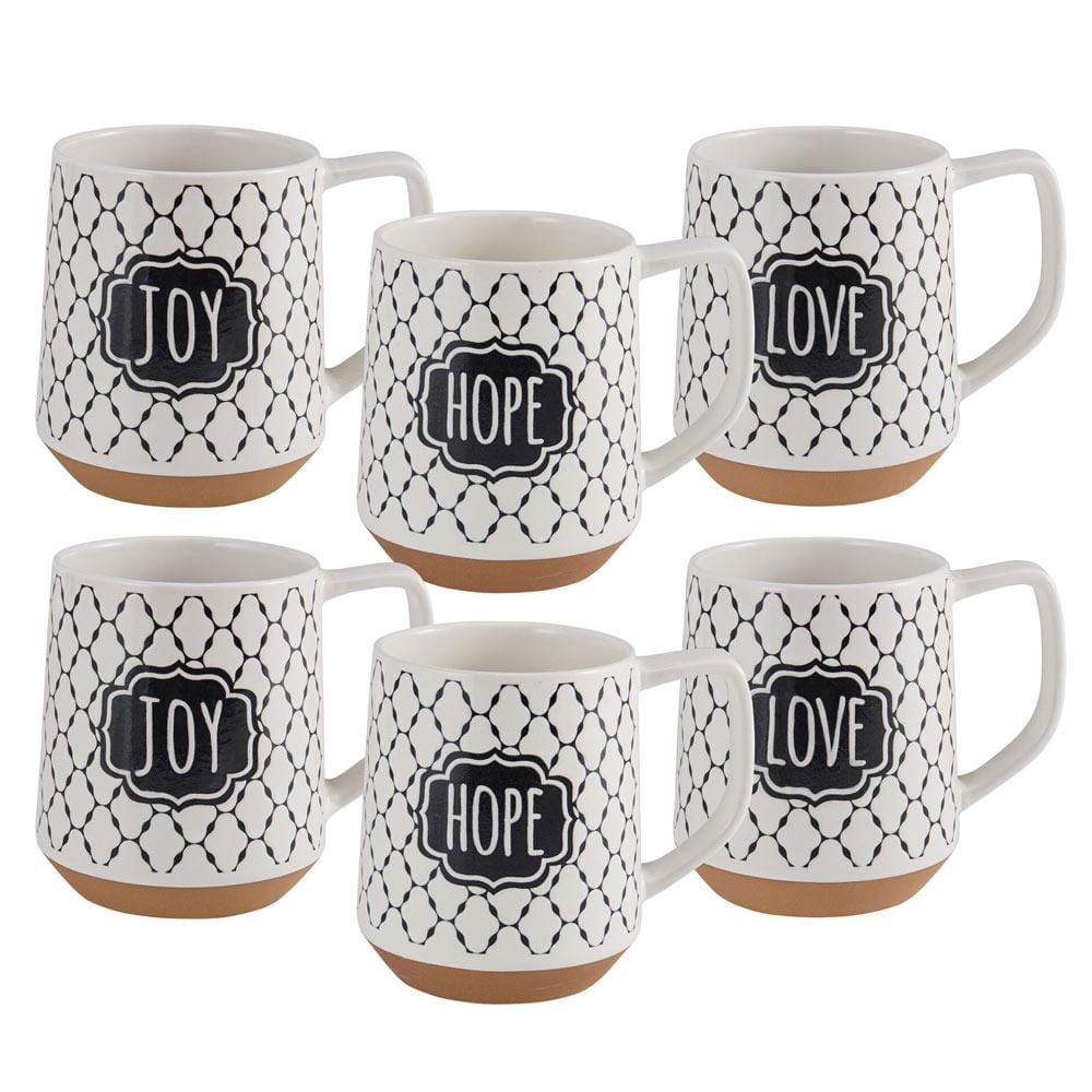 Close-up of assorted sentiment stoneware coffee mugs with geometric patterns, Joy, Love, and Hope inscriptions.