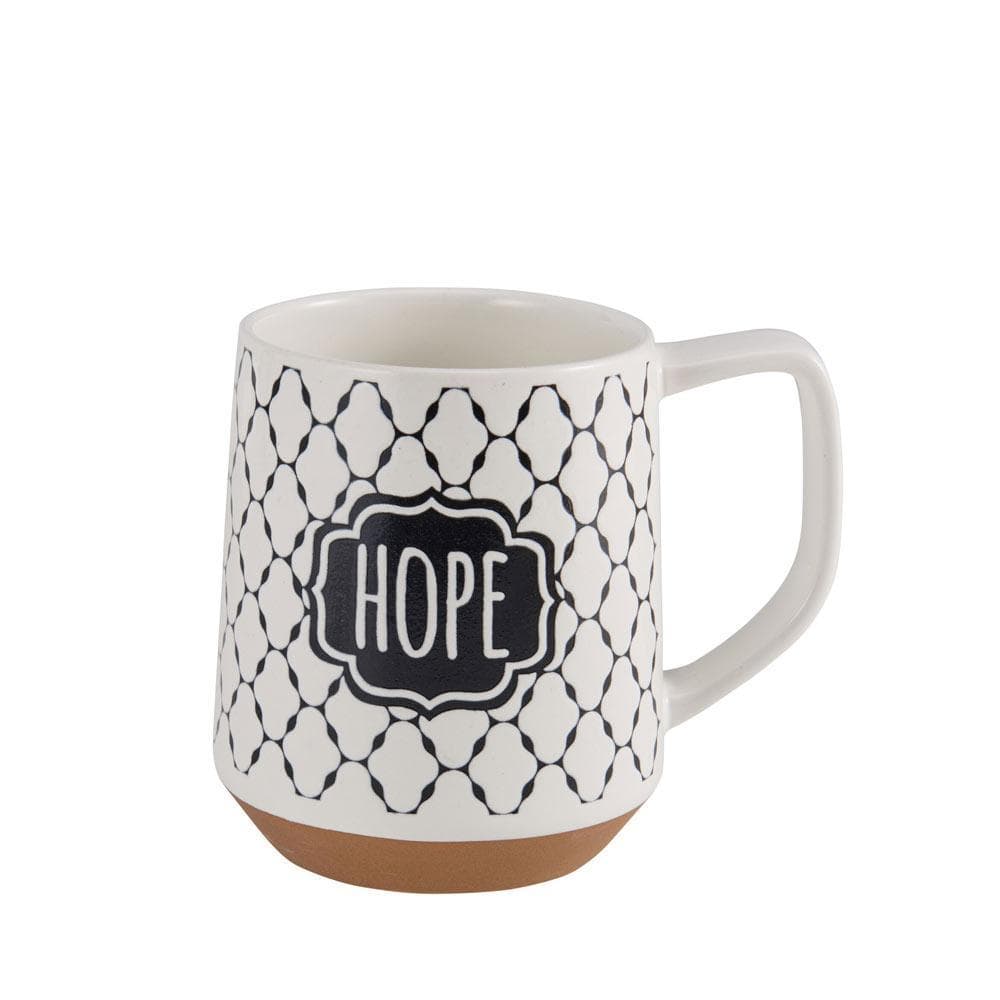 Close-up of assorted sentiment stoneware coffee mugs with geometric patterns, Joy, Love, and Hope inscriptions.