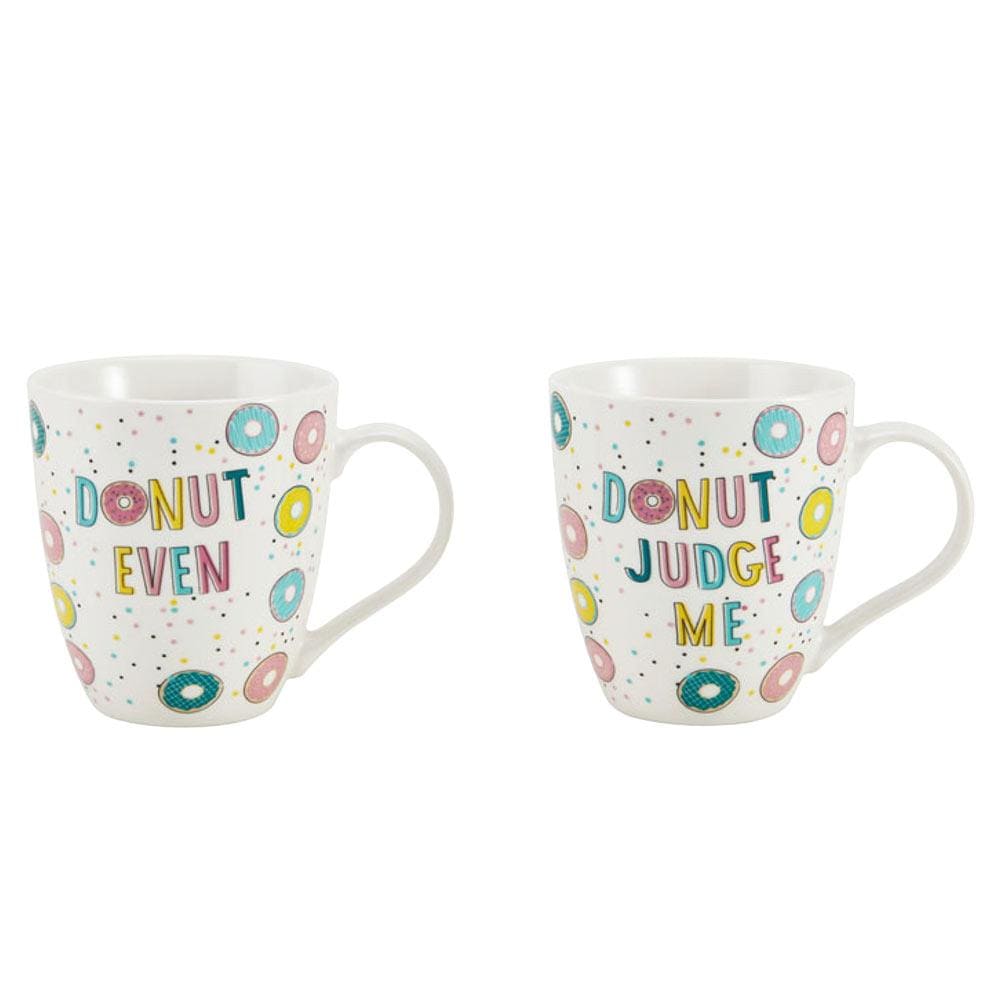 Front view of the donut mug set showcasing the sayings 'Donut Even' and 'Donut Judge Me'.