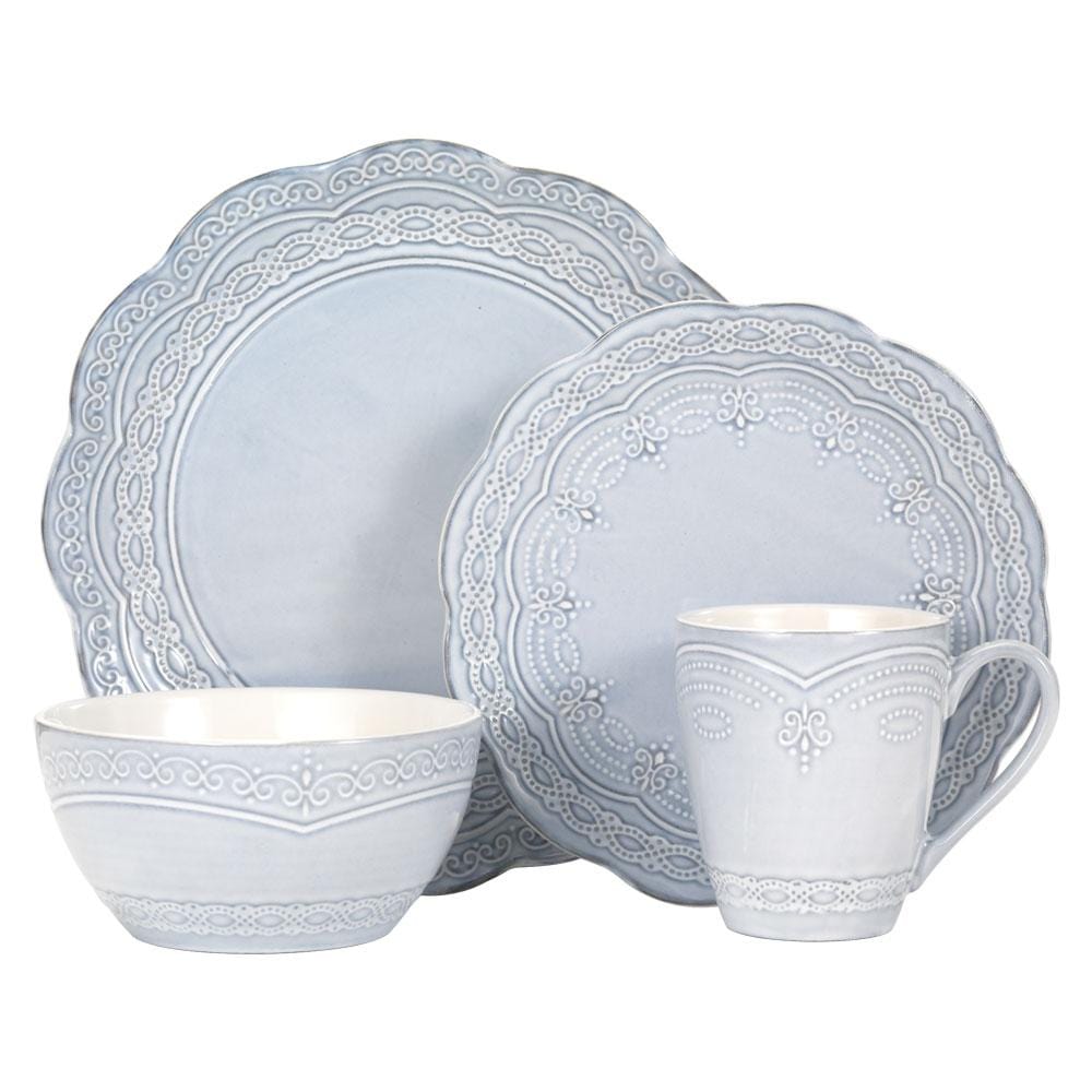 Overhead view of the full dinnerware set arranged for a 4-person service