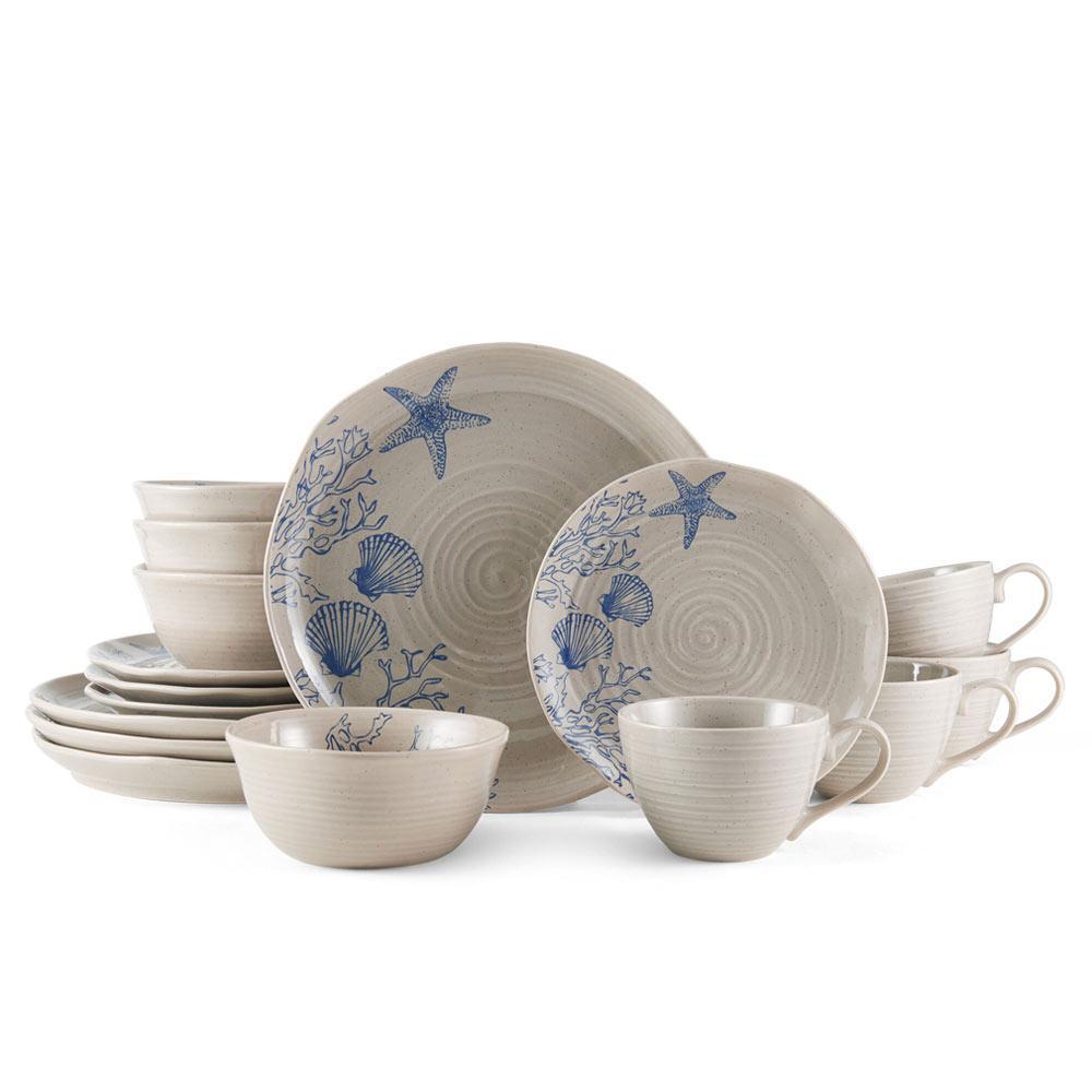 Family using microwave safe dinnerware set for casual meal with aquatic design in a cozy kitchen