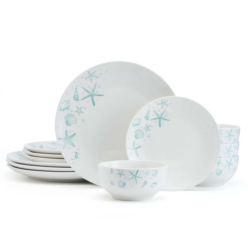 Close-up of porcelain dinnerware with beach-themed ocean blue pattern