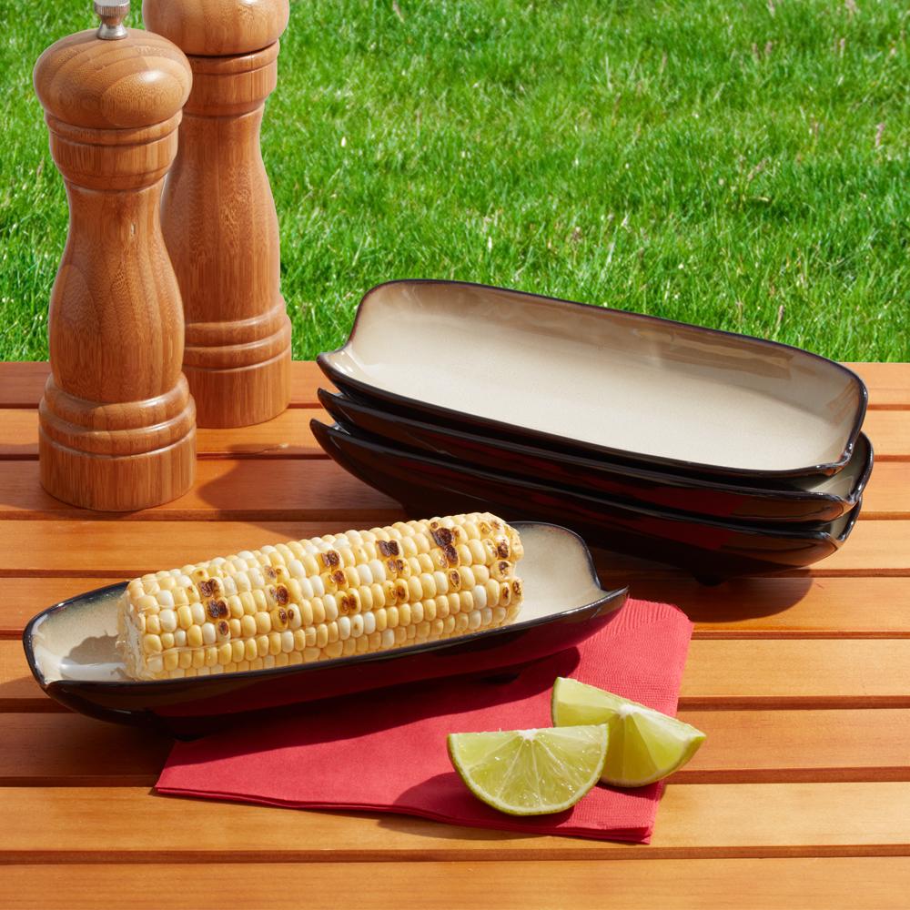 Close-up of the reactive glaze on stoneware corn dish showing unique color variations