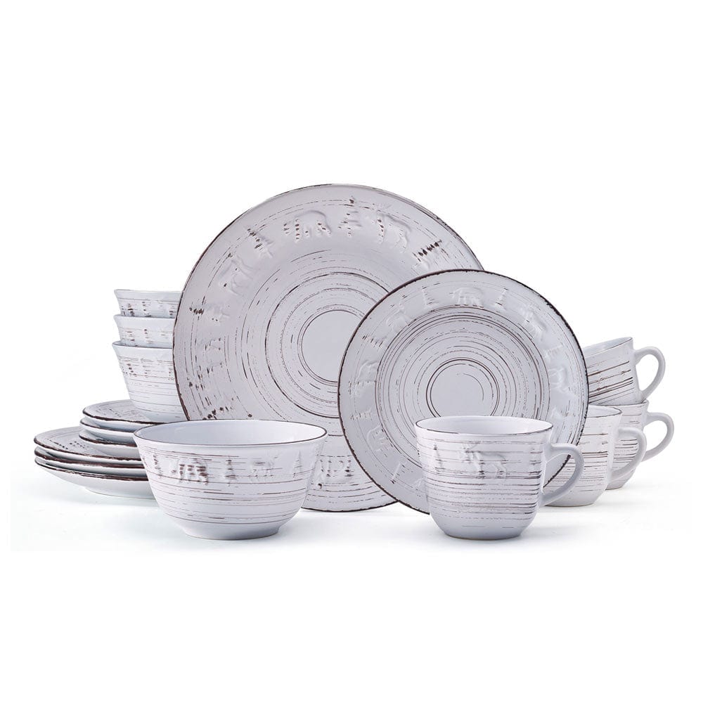 Set of 4 stoneware bowls with weathered finish and animal motifs around the rim