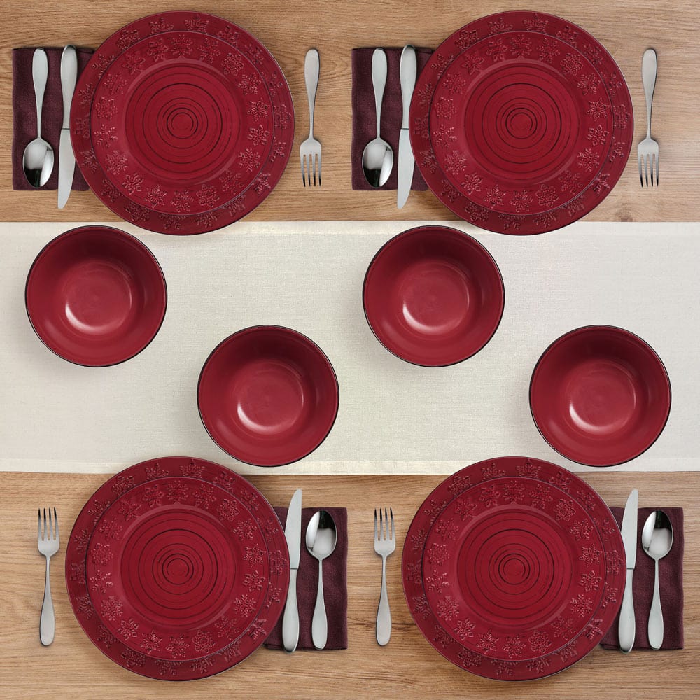Table setting with the Rustic Trellis Snowflakes Dinnerware Set, showcasing its festive appeal for holiday gatherings.