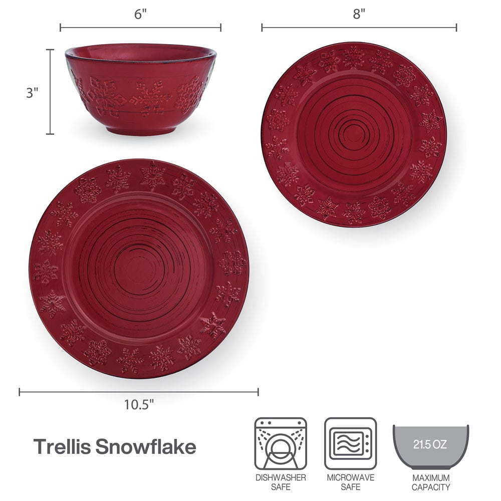 Close-up view of the Rustic Trellis Snowflakes Dinnerware showing the embossed snowflakes detail and rustic glaze.