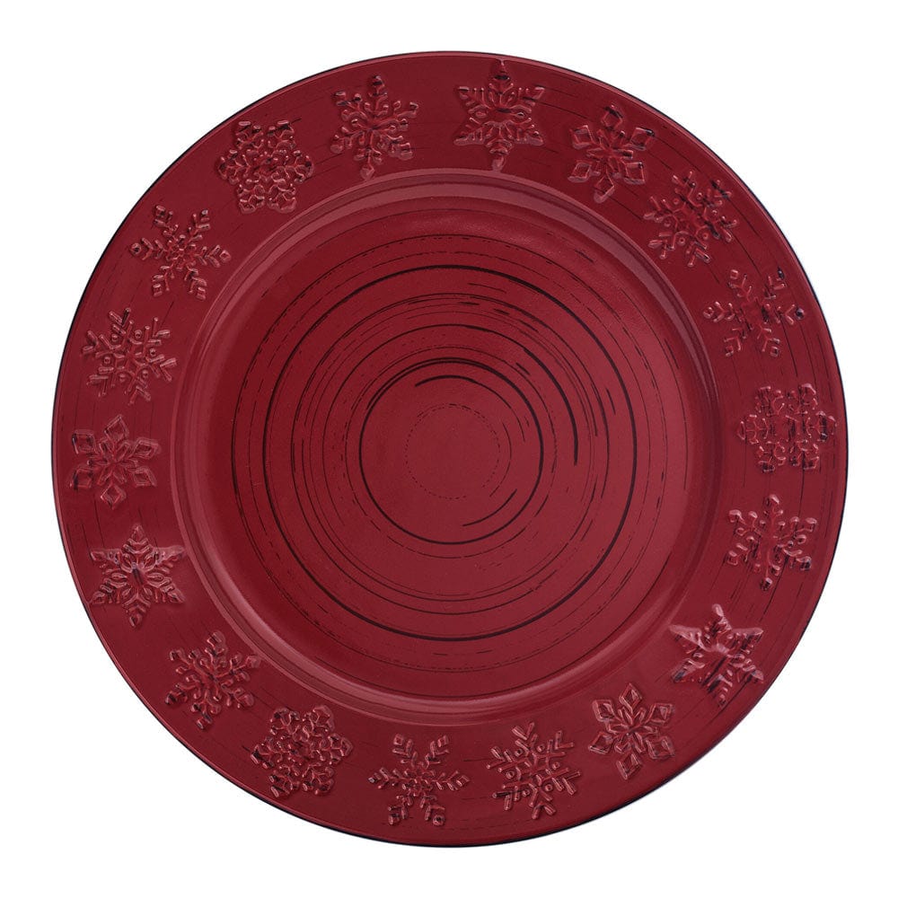 Rustic Trellis Snowflakes Dinnerware Set featuring dinner plates, salad plates, and bowls with snowflakes design on a red background.