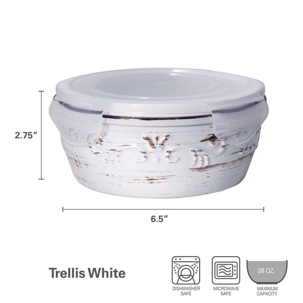 White storage bowl with lid showing secure snap-down clips for spill-proof storage