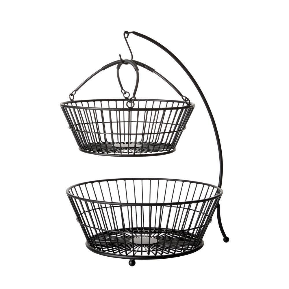 Top view of the space-saving fruit organizer showing baskets and banana hook