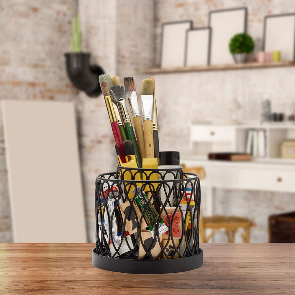 Twist Loop Rotating Utensil Holder showcasing its dual tiers and open-wire design.