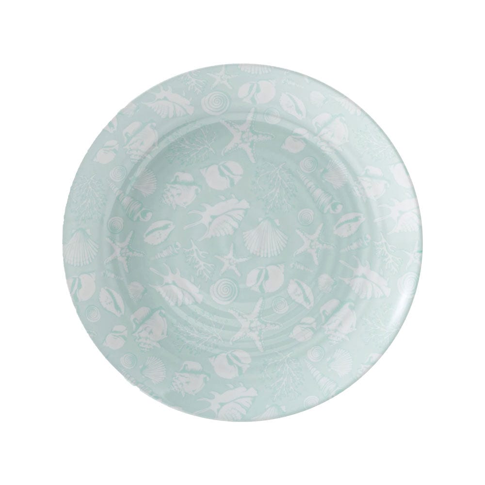 Close-up of the teal melamine plates and bowls showcasing their sturdy design and beach-themed artwork.