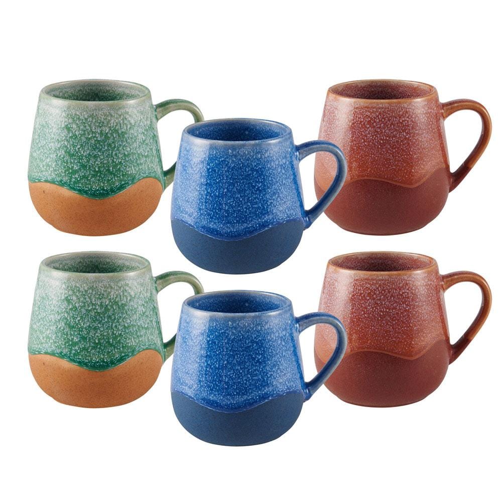 Pfaltzgraff Wave mug set showcasing vibrant colors and unique designs from different angles.