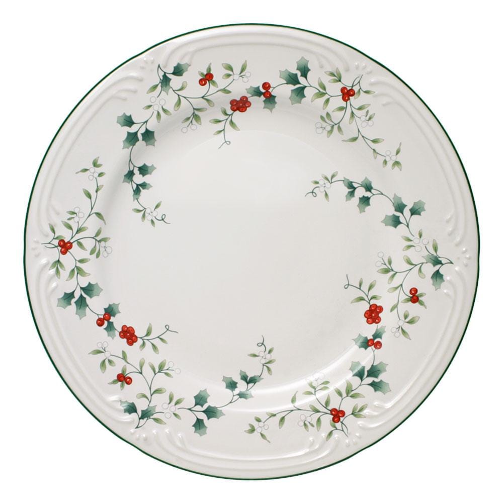 Top view of Winterberry 10.5-inch stoneware dinner plate on a rustic wooden table Top view of Winterberry 10.5-inch stoneware dinner plate on a rustic wooden table