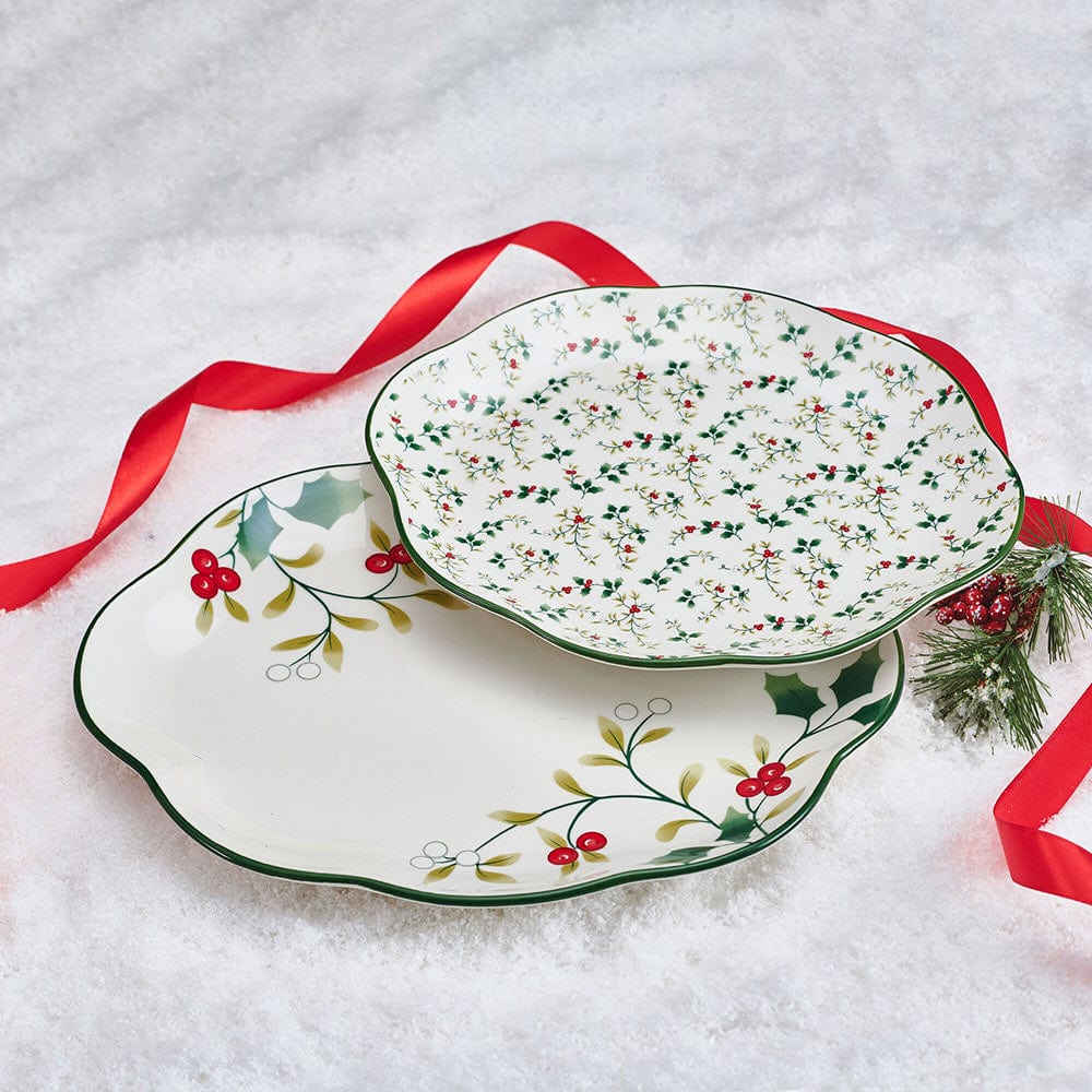 Close-up of Holly serving platter with Christmas holly berry pattern