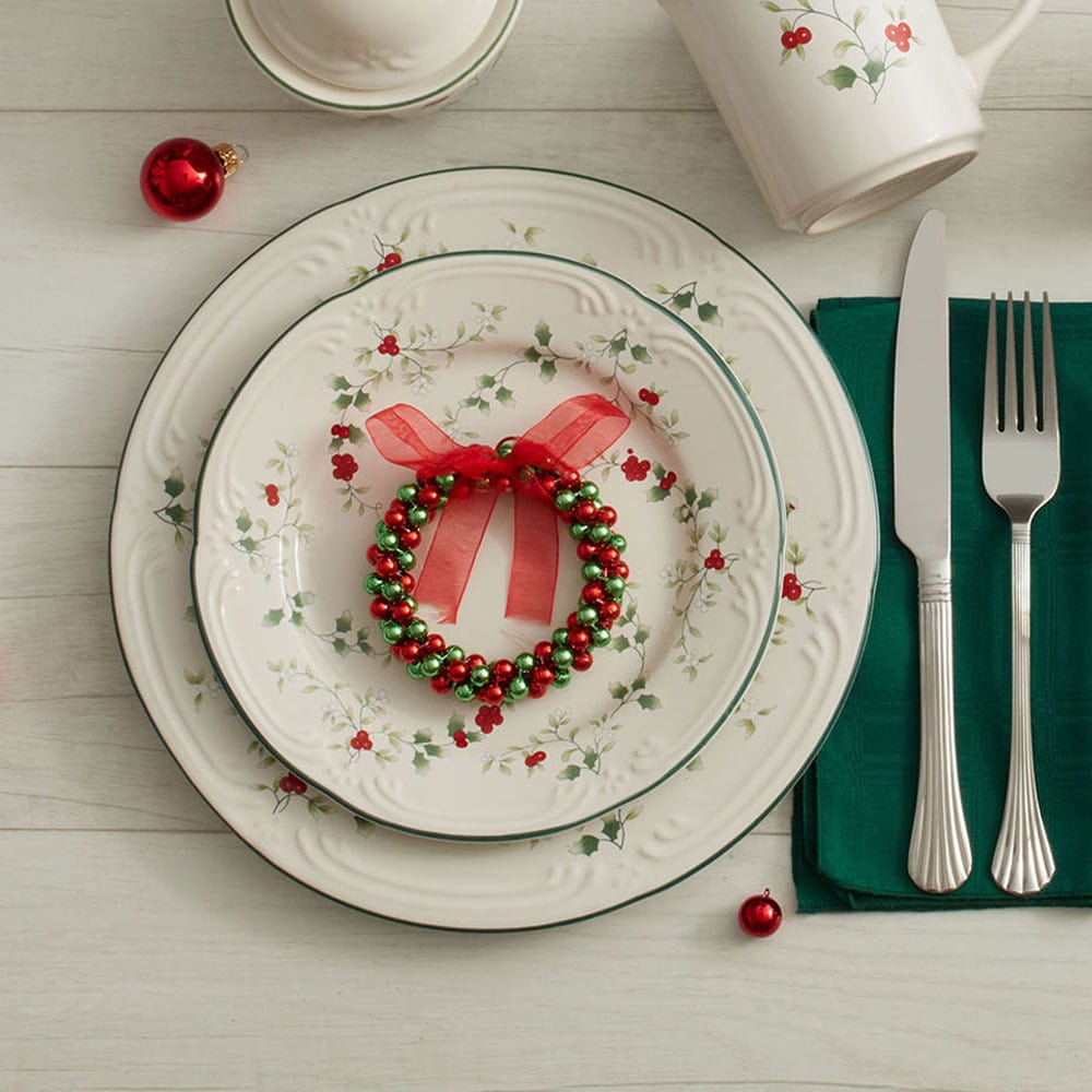 Close-up of the Winterberry stoneware plates, emphasizing their durability and microwave-safe feature.