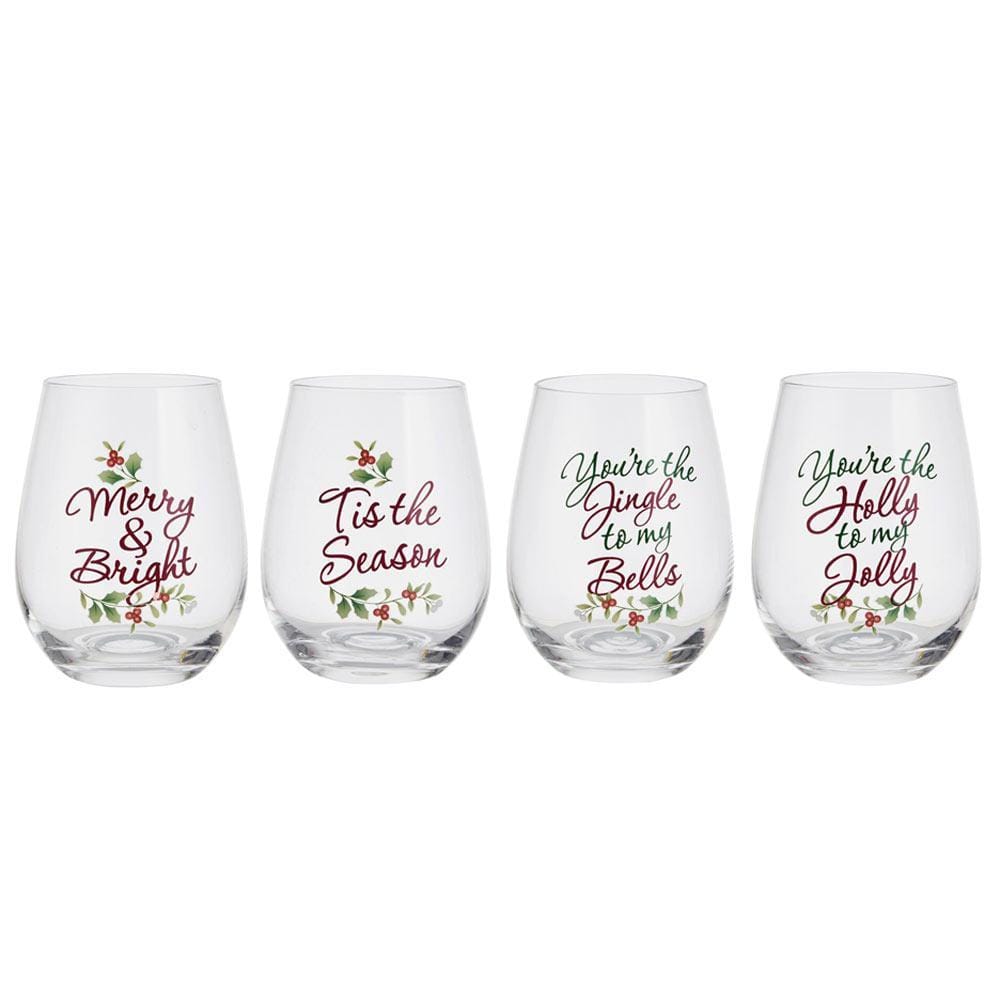 Close-up of sentiment stemless wine glasses with holiday sayings on a festive table