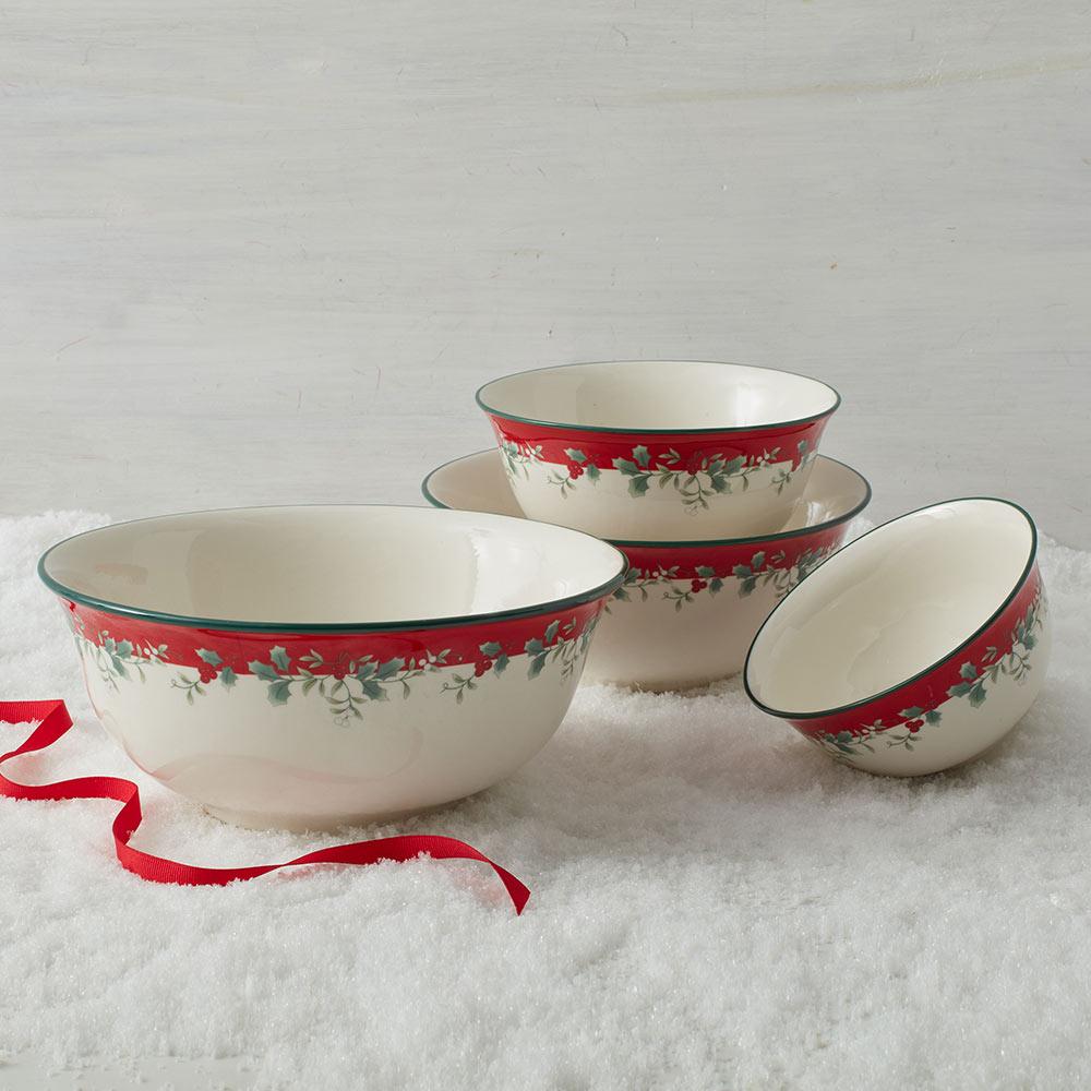 Winterberry serving bowls set in a festive holiday setting, showcasing their elegant design.