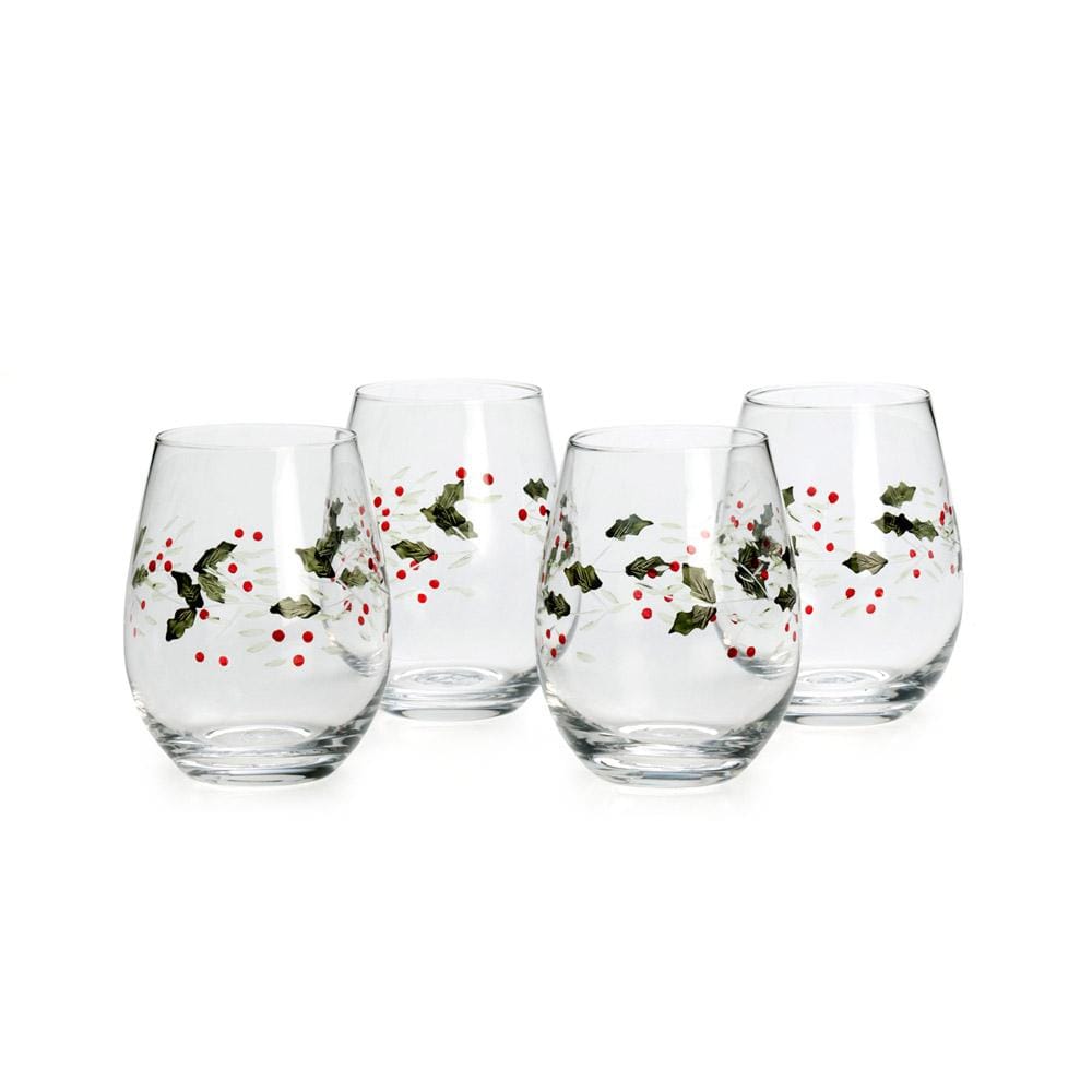 Set of 4 Winterberry stemless wine glasses on a festive table setting, perfect for holiday parties.